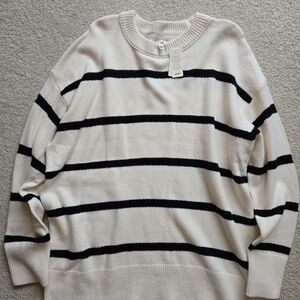 Aerie Cream and Black Striped Crewneck Sweater